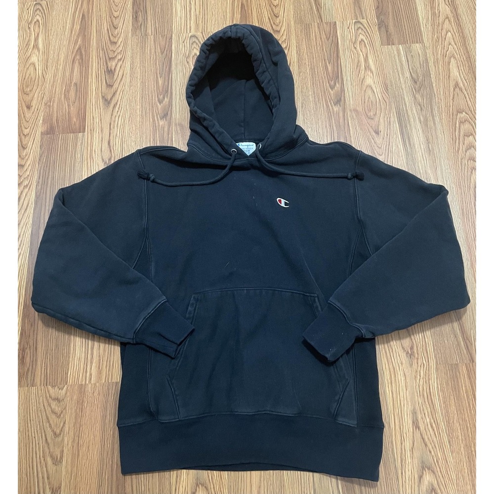 Champion Reverse Weave Hoodie Mens Medium Black Pullover Embroidered Logo